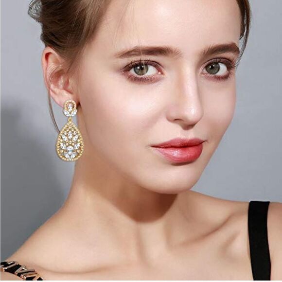 Yellow Gold with White Diamond Austrian Crystal Teardrop Chandelier Earrings - Picture 3 of 7